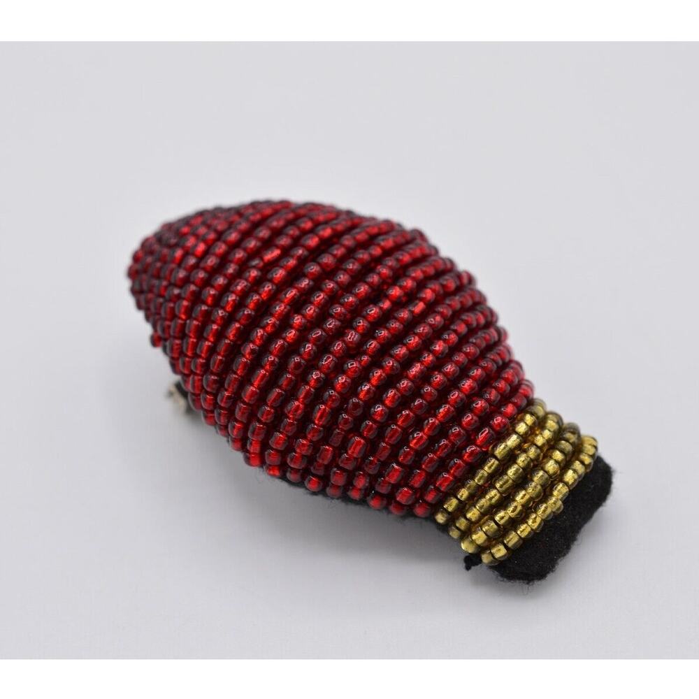 Vintage Holiday Christmas Light Pin Brooch Red Gold Beaded Plush 1980s BinAC